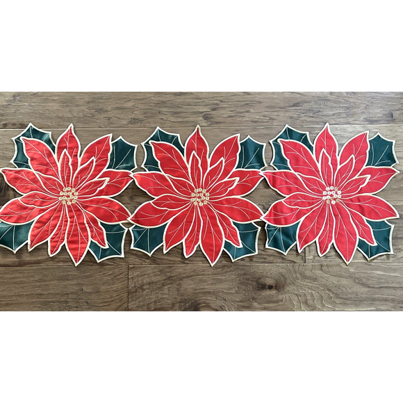 Christmas Holiday Table Runner Embroidered Poinsettia Red Green Holly Leaf - Picture 2 of 6